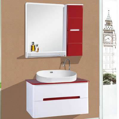 Red White Simple Modern Style PVC Bathroom Vanity Cabinet Set with Countertop Basin